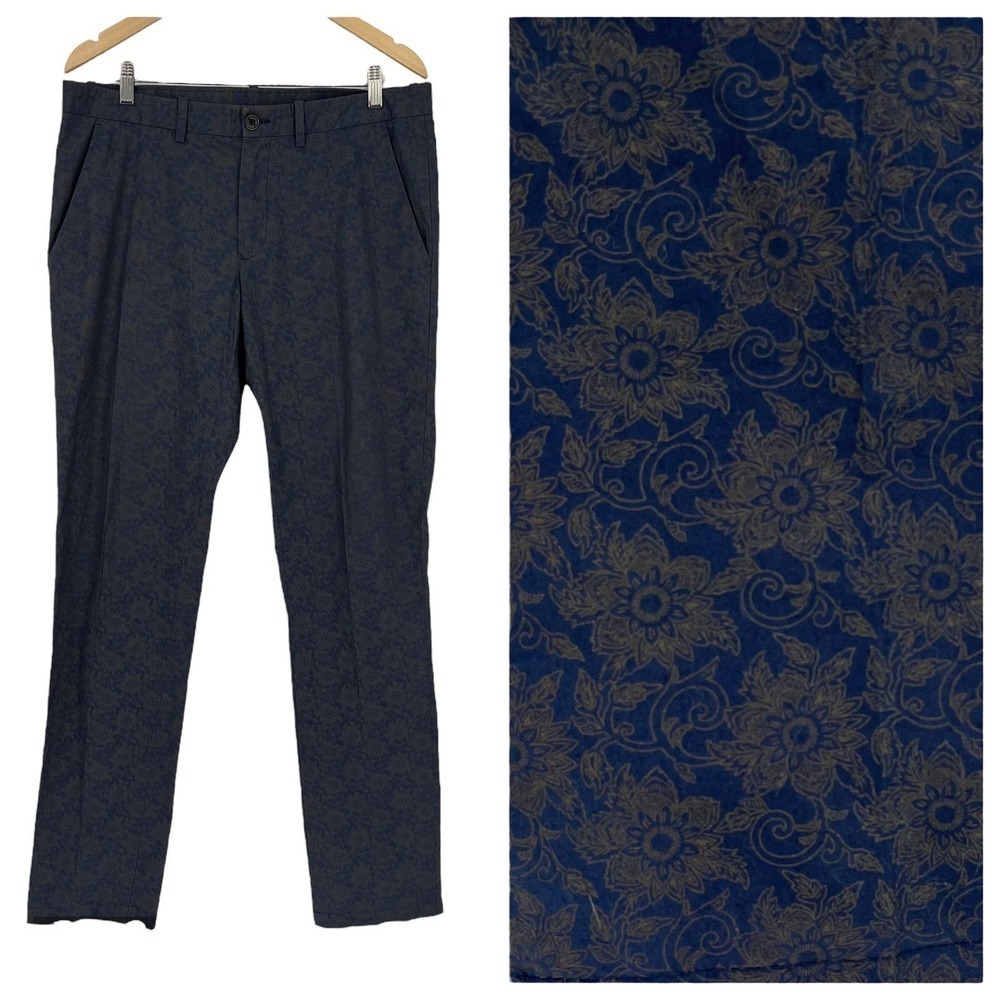 Stile Benetton Pants Floral Paisley Navy Gold Slim Fit Women’s‎ Waist 36”